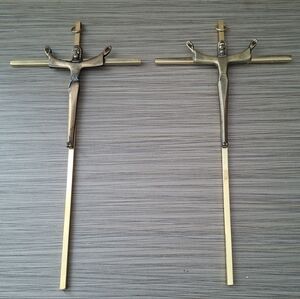 Vintage Set Of 2 Wall Decor Hanging Brass Jesus Cross Crucifix Religious 10"